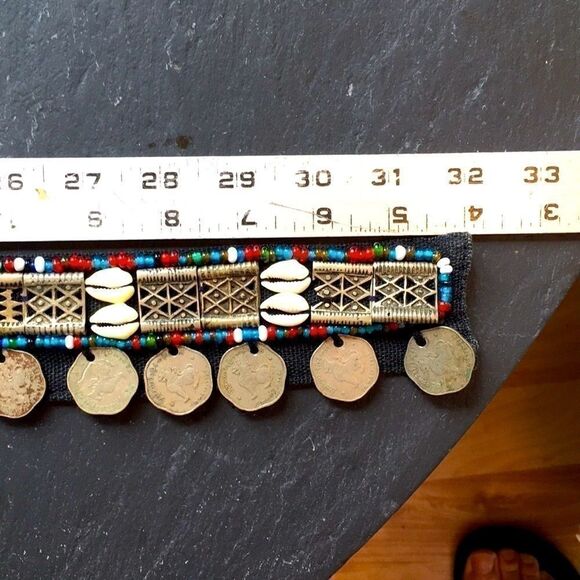 Handcrafted Vintage Coin 50’s glass bead metal hand made Artisan shell belt 32” - Picture 5 of 6